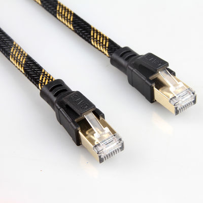 ثابت RJ45 Cat8 التصحيح كبل النايلون مضفر أسود أصفر عالية السرعة