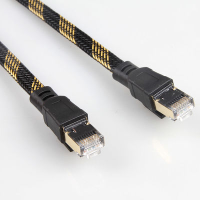 ثابت RJ45 Cat8 التصحيح كبل النايلون مضفر أسود أصفر عالية السرعة