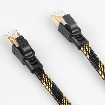 ثابت RJ45 Cat8 التصحيح كبل النايلون مضفر أسود أصفر عالية السرعة